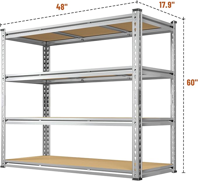 Galvanized Garage Shelving Load 2100LBS, 4-Tier Storage Shelves, Adjustable Garage Storage Shelves, Industrial Shelving, Metal Shelf for Basement, Warehouse, Kitchen, 48" W x 60" H x 17.9" D
