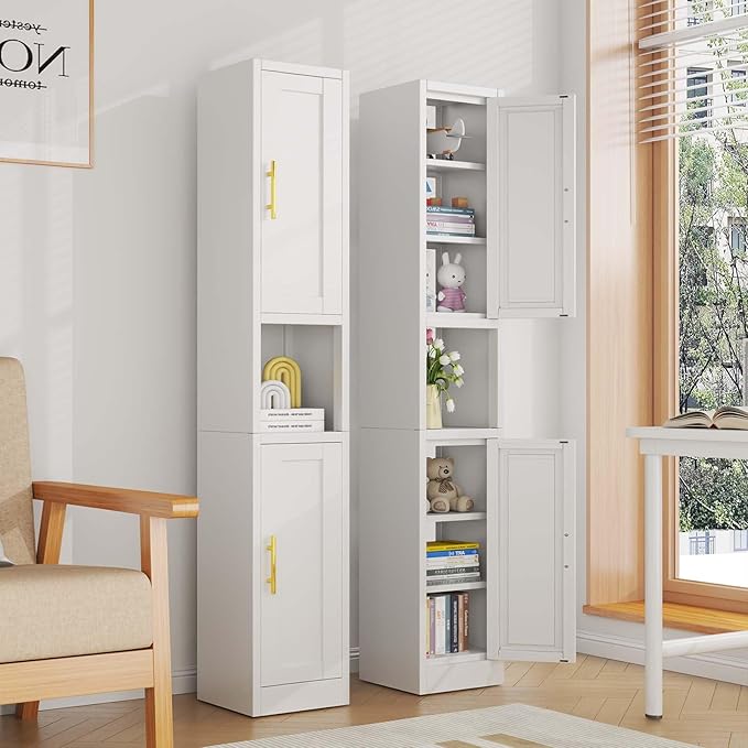 pozdeg 67" Tall Narrow Storage Cabinet Metal Bathroom Cabinet with 2 Doors & 4 Adjustable Shelves, Standing Pantry Cabinets Cupboard for Kitchen, Dining Room, Living Room and Bathroom (White)