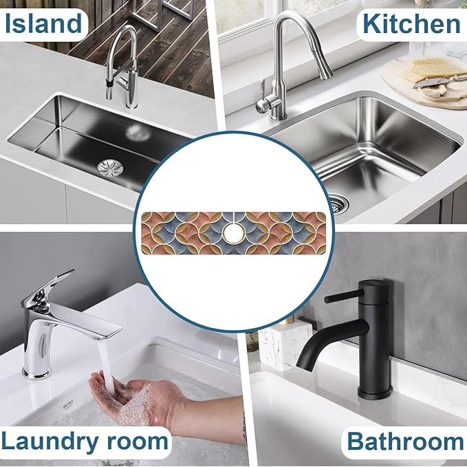 Geometric Printing Sink Splash Guard Faucet Mat Ceramic Tile Texture Super Absorbent Fast Drying Mat Sink Gadgets-Splash Guard Behind Faucet Drip Catcher for Kitchen Bathroom, 23.5"x5.5"