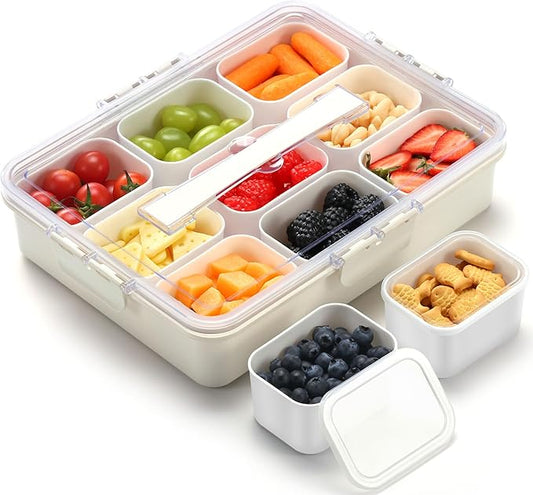 Snackle Box Container for Adults with 9 Compartment, Divided Serving Tray Snack Box Containers with Lid and Handle, Charcuterie Boxes Portable Snack Platter for Fruit Veggie Party Travel, White