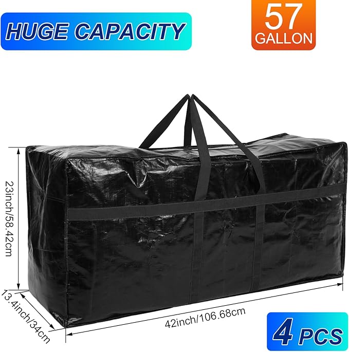 Windyun 4 Pack 57 Gallon Extra Large Moving Bags XXL Heavy Duty Storage Bag with Strong Zipper Handle Jumbo Big Tote Box Foldable for College Dorm Travel Clothes Duffle Blanket Pillow(Black)