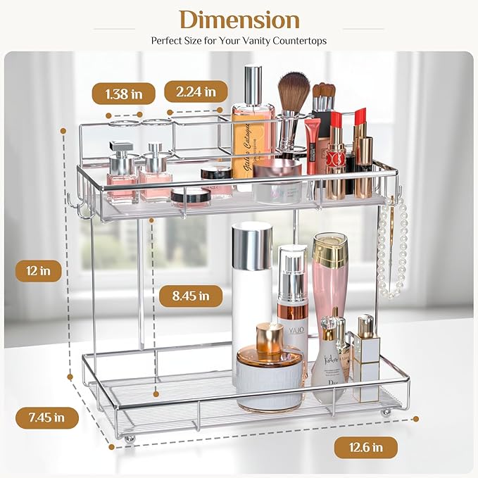 Megier 2 Tier Chrome Bathroom Organizer Countertop, Small Countertop Organizer for Bathroom Decor, Kitchen Counter Shelf for Spice Rack and Snack, Vanity Makeup Organizers Tray for Bedroom (Chrome)
