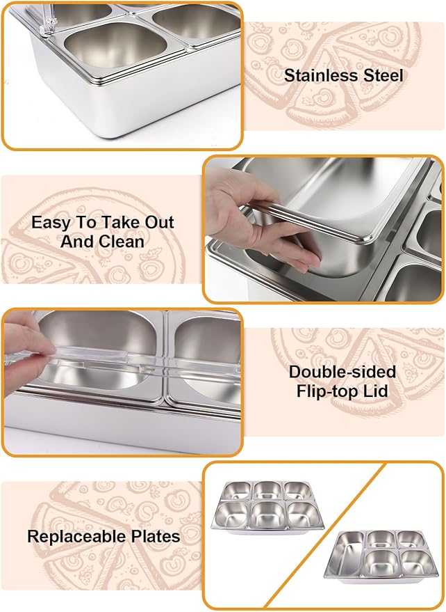 Lanstics 2P Pizza Topping Station 7 Pans Stainless Steel Spice Organizer Salad Bar Buffet Station with Spoons Ice Boxes Buffet Containers Set for Sauce Jam Ingredient Kitchen Restaurant Pantry