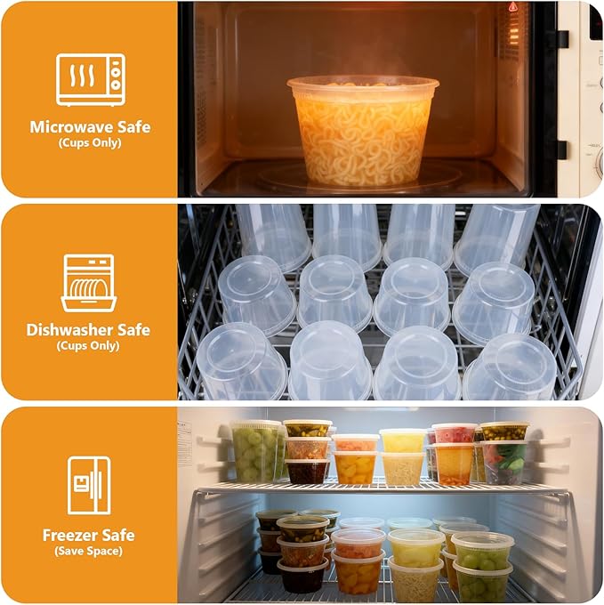 NESCCI 96 Pack (192-Piece) Deli Containers with Lids, 32/16/12/8 oz X 24 Set Each, Leak-Proof & BPA Free Airtight Takeout Plastic Food Storage Containers for Soup, Meal Prep,Microwave/Freezer Safe