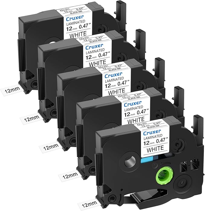 5 Pack Cruxer Replacement for P-Touch TZe-231 TZ-231 Label Tape Black Text on White Laminated 12mm 0.47" use for Ptouch PT-D200 PT-D210 PT-D400 PT-D450 PT-D600 PT-H100 PT-1230PC Label Maker