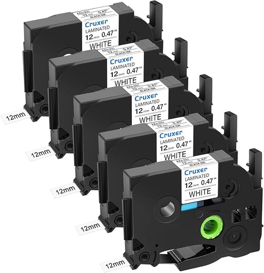 5 Pack Cruxer Replacement for P-Touch TZe-231 TZ-231 Label Tape Black Text on White Laminated 12mm 0.47" use for Ptouch PT-D200 PT-D210 PT-D400 PT-D450 PT-D600 PT-H100 PT-1230PC Label Maker