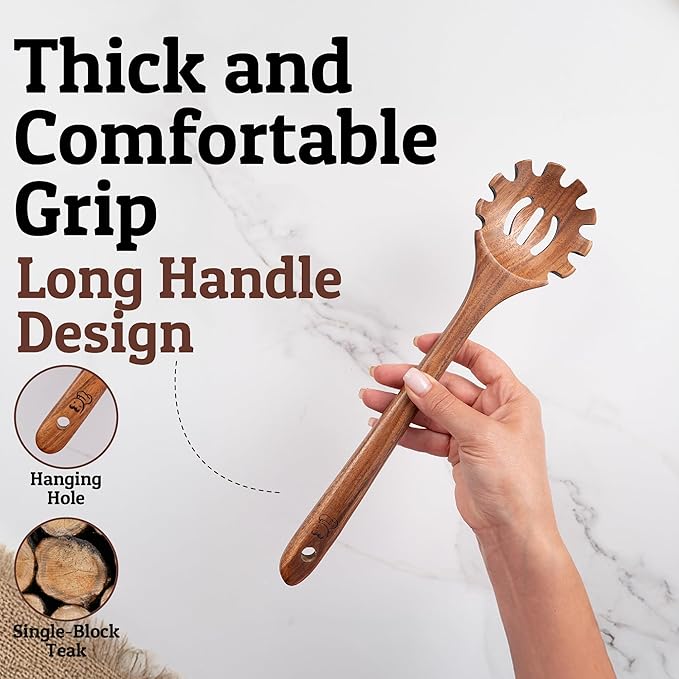PriorityChef Wooden Pasta Spoon – Handcrafted Teak Wood Spaghetti Spoon Server for Stirring & Serving – Durable, Nonstick Safe, and Easy to Clean Utensil