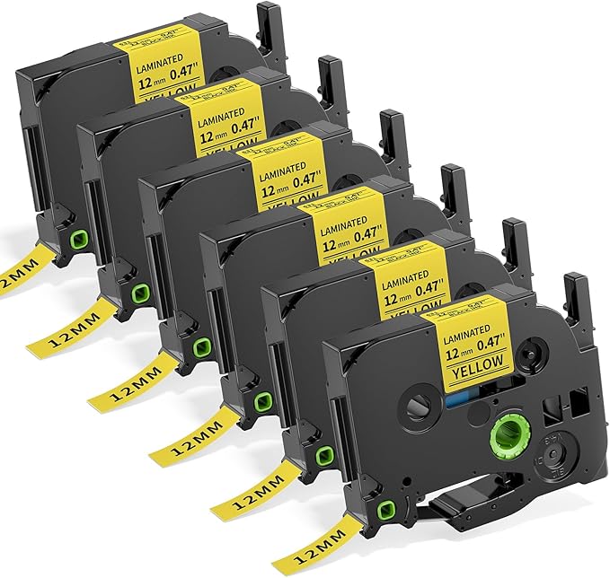 TZe-631 Black on Yellow Tape 12mm Compatible with Brother P Touch Label Maker Tape Laminated 12mm 0.47 Yellow, for PTH110 D200 D210 D220 P300BT 1090 1190 1230 1280 1290 Refills, (12 mm x 8m), 6 Pack