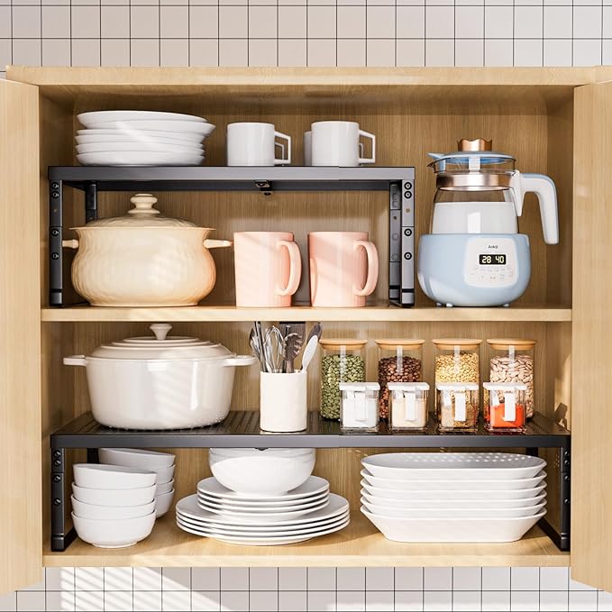 Ipotive Expandable Adjustable Cabinet Shelf Organizer - Stackable Metal Spice Rack for Kitchen Pantry, Countertop, Cupboard & Bathroom (1Pack/Black,Large)