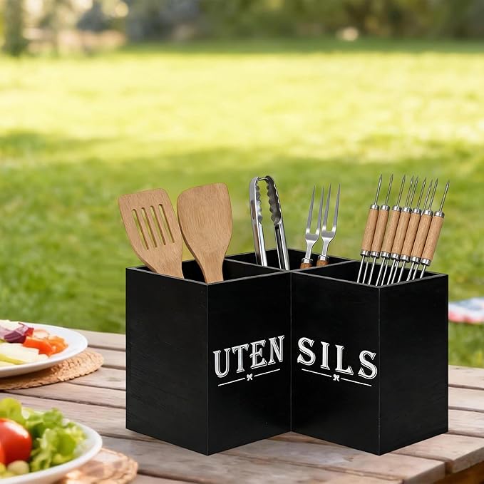 Top-spring Extra Large Utensil Holder for Kitchen Counter - Wooden Cooking Utensils Holder - Rustic Farmhouse Decor Kitchen Corner Utensil Organizer with 3 Compartment, Black Wood Utensil Caddy
