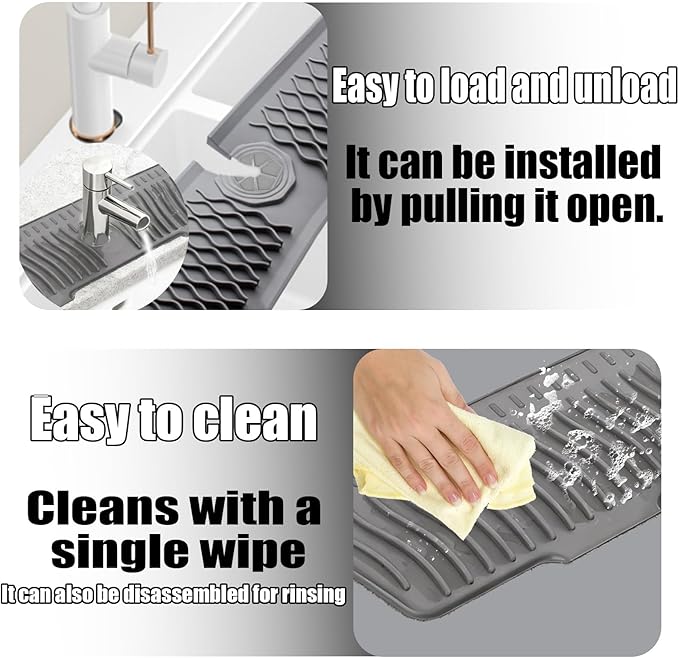 Kitchen Sink Faucet Mat, 30" x 6'' Silicone Faucet Guard & Draining Mat, 90° Foldable Faucet Mat for Kitchen Sink with 2 Water Ports, Splash Guard Kitchen Sink Mat (Gray)