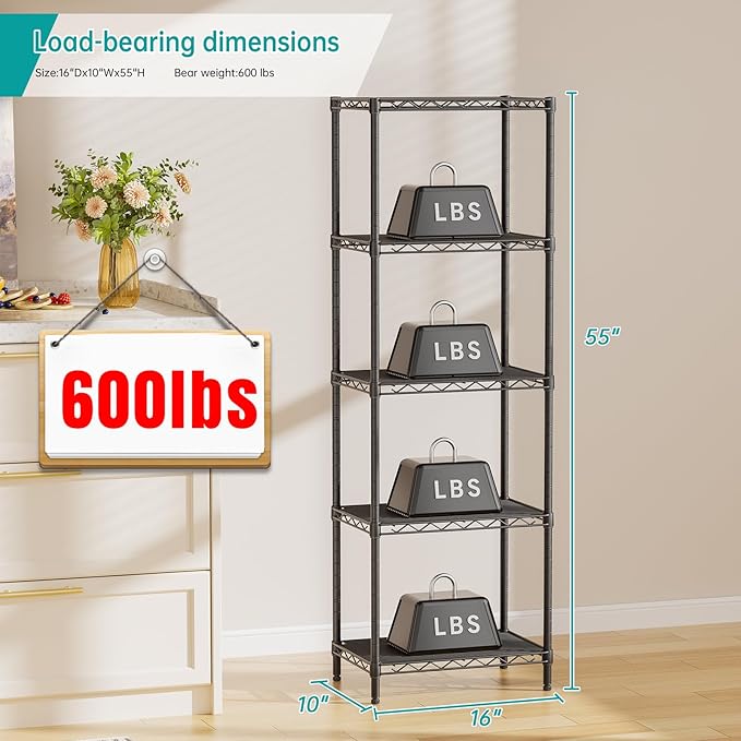 SINGAYE Metal Shelves Wire Shelving：Storage Rack Standing Units Shelf for Kitchen Laundry Bathroom Closet Organizers Pantry Narrow Mesh Adjustable 10" D x 16" W x 55" H Black | Shelf, Adjustable, Rack, for Kitchen, for Closet, for Laundry