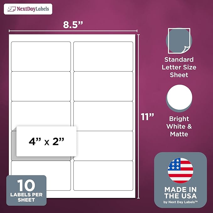 NextDayLabels 4x2 Inch Rectangle Stickers White Blank Labels for Laser Inkjet Printer - 10 Per Sheet Self-Adhesive Product Barcode Inventory Made in USA - 2500 Labels