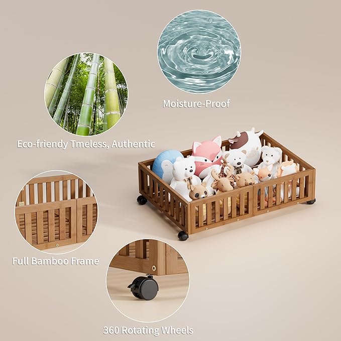 Bamboo Under Bed Storage with Wheels,Rolling Underbed Shoe Organizer Box for Shoes,Blankets,Toys,Clothes Container Space-Saving Bins for Bedroom,Closet,Dorm,Nursery