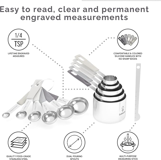 CuttleLab Measuring Cups and Measuring Spoons Set of 14 - Stainless Steel Measuring Cups and Spoons Set, Includes 1/8 Teaspoon Measuring Spoon, 1/8 Cup Measuring Cup, Leveler Dry (14, Charcoal)
