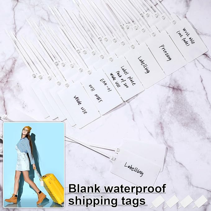 Chunful 500 Pcs Blank Plastic Tags Shipping Tags 3.94"x 2.36" Waterproof Sealing Shipping Labels Bulk Writable Hanging Tag Ties Sealing Strap Reusable Mark Labels for Keys Luggage Logistic(White)