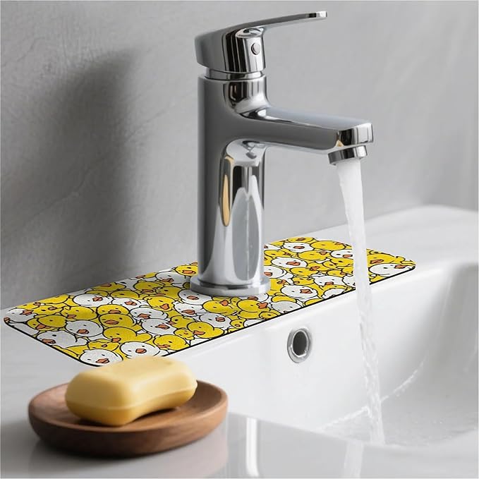 Kitchen Sink Splash Guard，Cute Duck Faucet Mat Sink Gadgets-Super Absorbent Fast Drying Mat Drip Catcher for Kitchen, Bathroom,Sink Mat, Dish Drying Mat, Bathroom(15" X 5.5" )