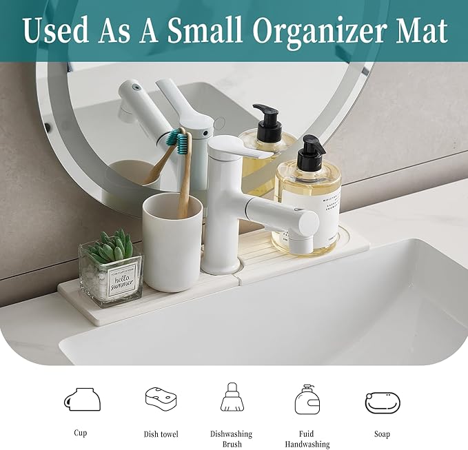 Stone Faucet Mat for Kitchen Sink Bathroom Counter, 15.7 Inch White Diatomite Water-Absorbing Drying Stone Mat, Sink Stone Tray Protector,Prevent Moisture Sink Splash Guard