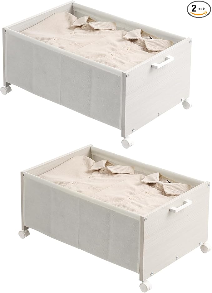 Under Bed Storage with Wheels, Wooden Under Bed Drawers On Wheels, Rolling Under Bed Shoe Storage, Space Saving,White,70L