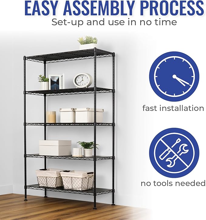 SafeRacks - NSF Certified Storage Shelves, Zinc, Heavy Duty Steel Wire Unit with Adjustable Feet, Garage or Bakers Rack, Kitchen, Pantry Shelf - (36"x14"x60" 5-Tier) (Black)