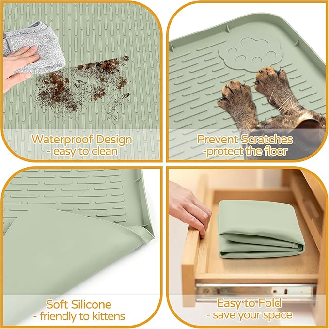 Lanstics Cat Food Mat, 40" x 28" Large Silicone Mat Cat Feeding Mat with Raised Edge Non-Slip Pet Feeding Mat for Food and Water Bowl, Easy to Clean, Floor Protection (Green)