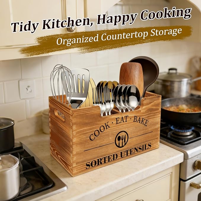Iiglunatic Upgraded Design Wooden Utensil Holder for Kitchen Counter, Large Utensil Holder with 3 Adjustable Combination Designs for Countertop Organization, Ideal for Kitchen