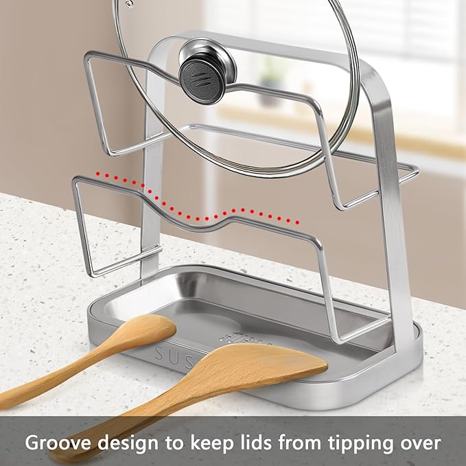 Pot Lid Holder While Cooking, 304 Stainless Steel Pot Lid Organizer and Spoon Rest for Stove top, Multifunctional Pot Lid Rack and Spoon Rest for Kitchen Counter