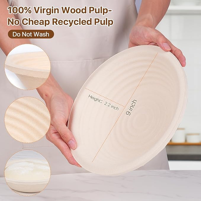 Non-Stick 10" Oval Wood Pulp Banneton Bread Proofing Basket Set Of 2, Sourdough Banneton Basket Kit, Bread Making Tool Sourdough Starter Kit with Proofing Bowl, Cover, Dough Whisk, Lame, Scraper