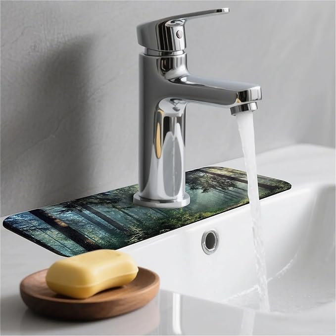 Kitchen Sink Splash Guard，sunlight through the forest Faucet Mat Sink Gadgets-Super Absorbent Fast Drying Mat Drip Catcher for Kitchen, Bathroom,Sink Mat, Dish Drying Mat, Bathroom(15" X 5.5" )
