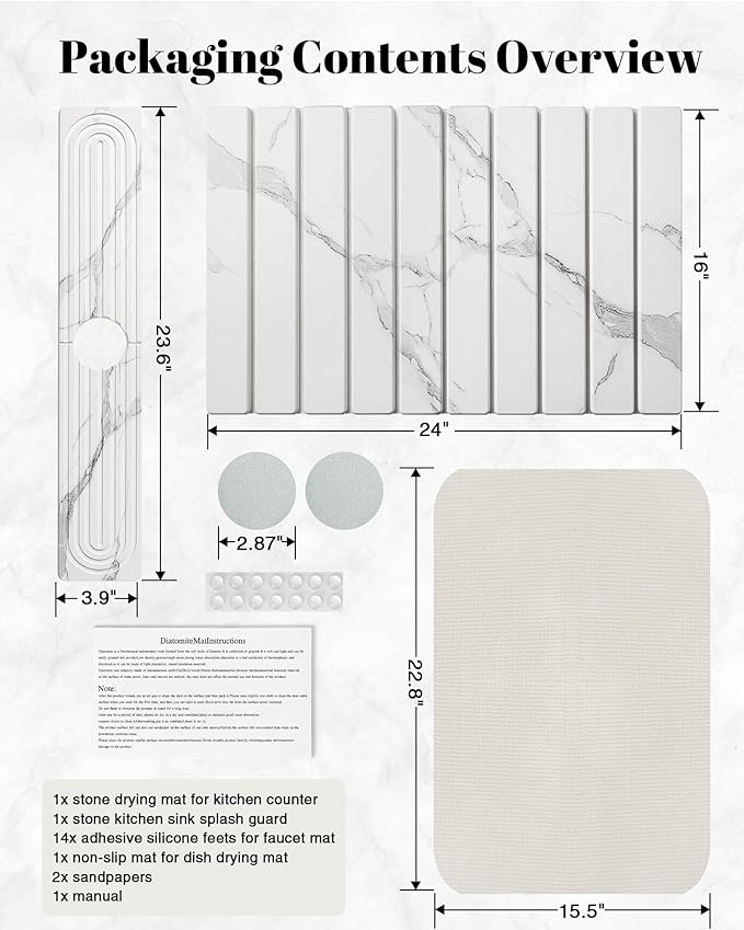 Set of 2 Large Stone Dish Drying Mat for Kitchen Counter + Faucet Mat for Kitchen Sink, Collapsible Fast Drying Diatomaceous Dish Mat, Stone Sink Splash Guard, Water Absorbing Stone Tray for Sink