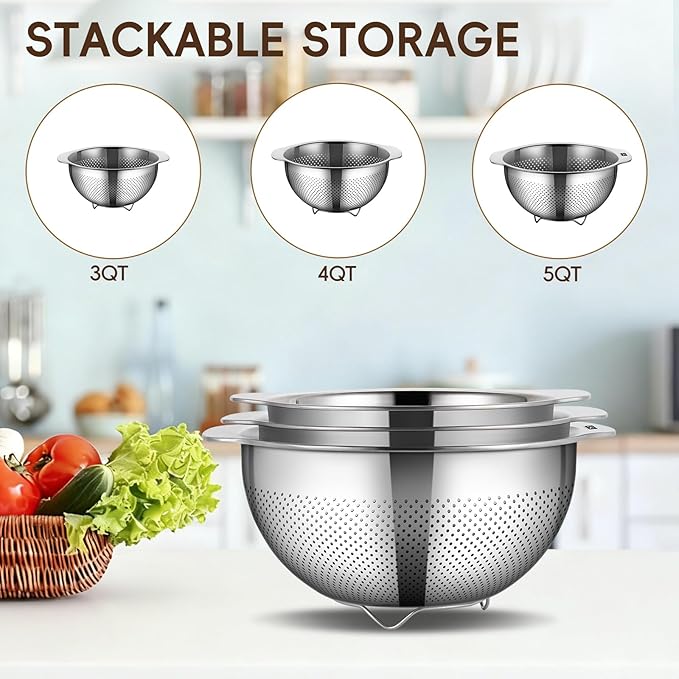 GOLDEN KEY Stainless Steel Colander for Kitchen, 3 Pcs Stainless Steel Strainer,Strainers and Colanders,Pasta Strainer with Handle for Vegetables Cooking Food,Dishwasher Safe(3QT,4QT,5QT)
