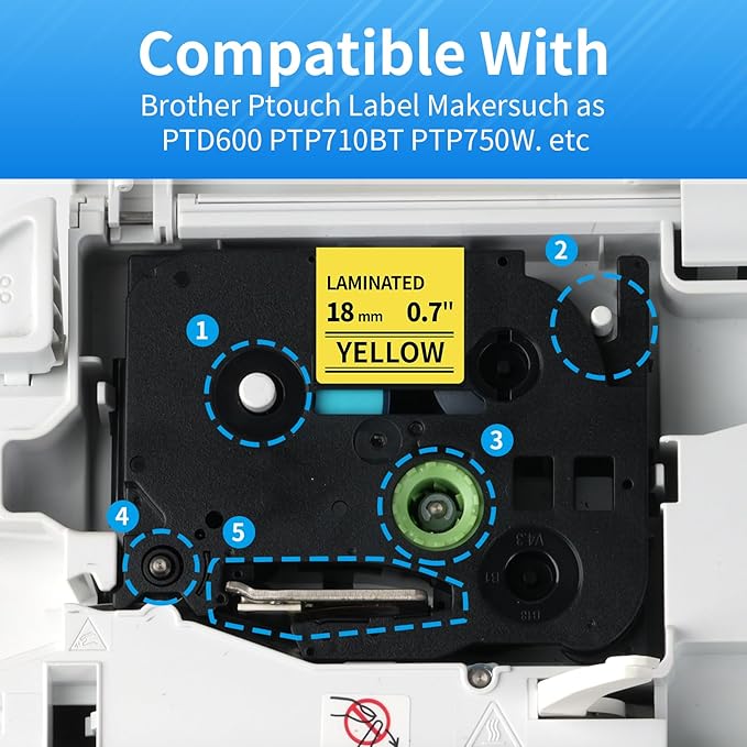 MarkDomain 18mm Label Tape Compatible TZe641 Replacement for Brother P Touch Laminated TZe TZ Tape 18mm x 8m (TZe-641 Black on Yellow) - Work with PTD400AD PTD400 PTD600 Label Maker - 5-Pack