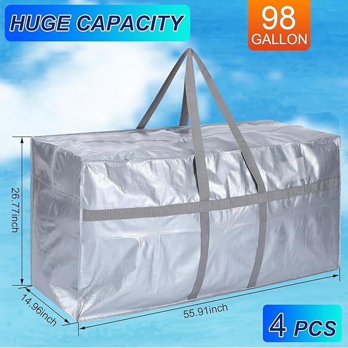 Windyun 4 Pack 98 Gallon Extra Large Moving Bags XXL Heavy Duty Storage Bag with Strong Zipper Handle Jumbo Big Tote Box Foldable for College Dorm Travel Clothes Duffle Blanket Pillow(Silver)