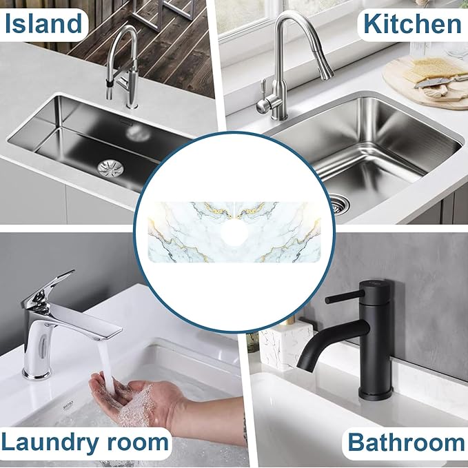 Marble Pattern Kitchen Sink Splash Guard Faucet Mat Gray Gold Marble Super Absorbent Fast Drying Mat Sink Splash Guard Behind Faucet for Kitchen Bathroom, 15.5"x5.5"