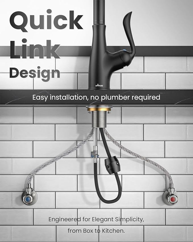 APPASO Matte Black Kitchen Faucet with Pull Down Sprayer, High Arc Single Handle Faucet for Kitchen Sink with 3 Modes Spray Head, cUPC-Certified Pull-Out Hose, Water Supply Tubing & Valve