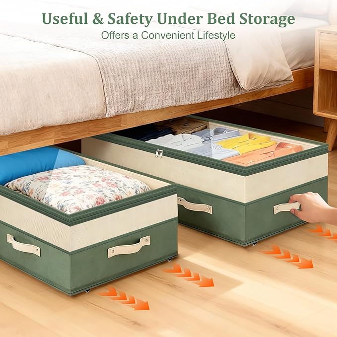 Dolicer 2 Pack Under Bed Storage with Wheels, 6in-10in Height Adjustable Underbed Storage Containers, 92L XXXL Under Bed Drawers Rolling Bin with Clear Lids for Dorm Shoes Clothes Organizers(Green)