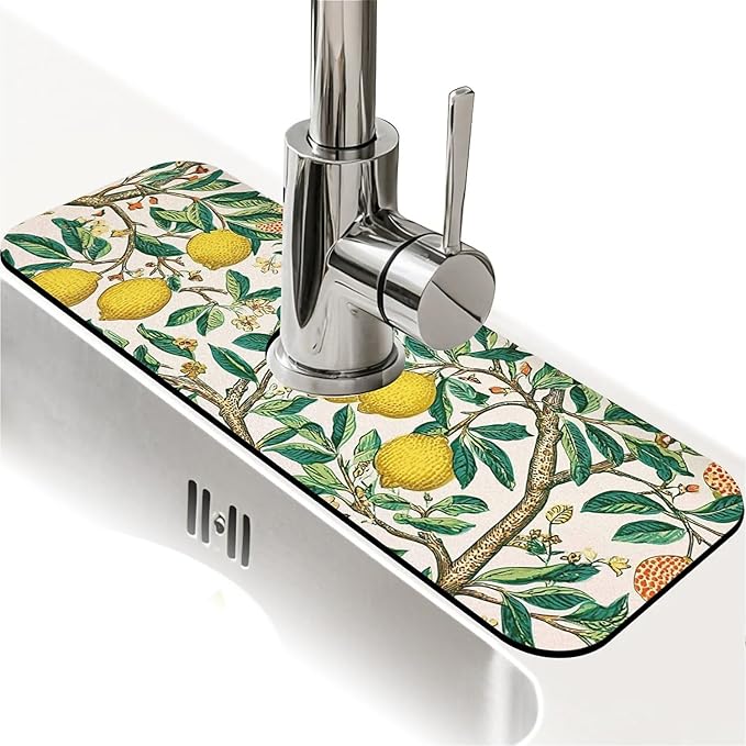 Kitchen Sink Splash Guard，Lemon-tree Faucet Mat Sink Gadgets-Super Absorbent Fast Drying Mat Drip Catcher for Kitchen, Bathroom,Sink Mat, Dish Drying Mat, Bathroom(15" X 5.5" )