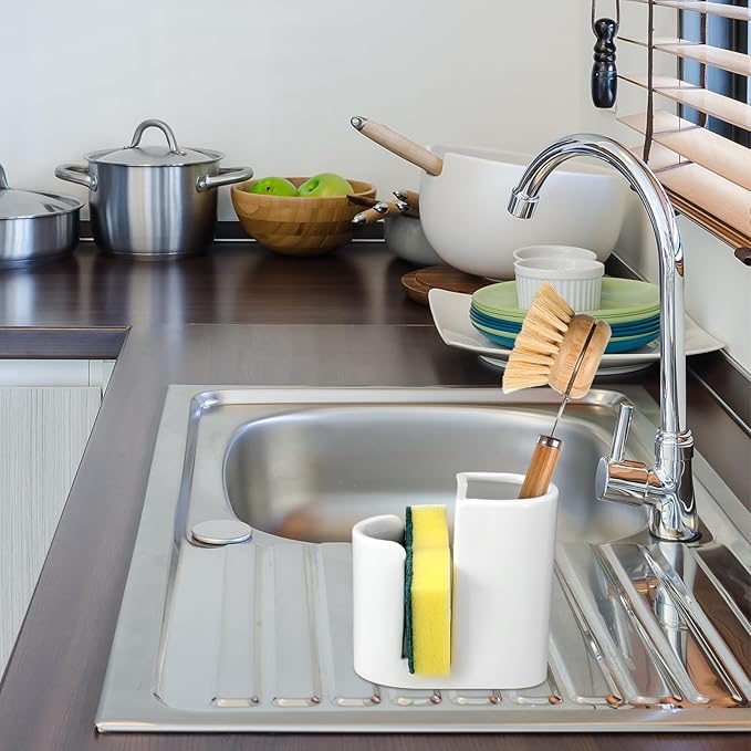 Geelin 2 in 1 Ceramic Kitchen Sink Caddy Dish Sponge Holder and Scrub Brush Holder for Kitchen Organizer Rustic Farmhouse Supplies