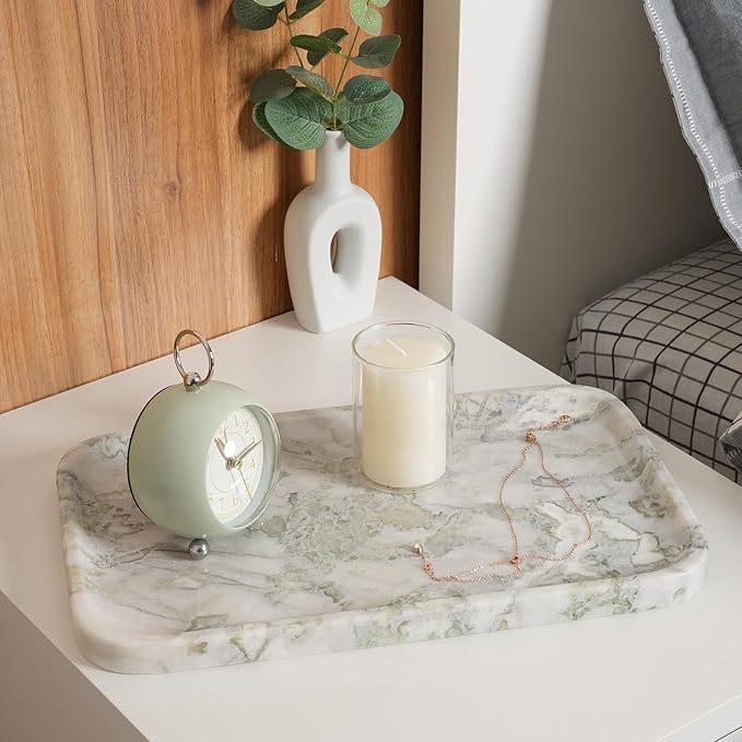 Karibiber Marble Vanity Tray, Large Stone Bathroom Tray for Countertop, 14'' African Gem Genuine Marble Decorative Tray for Dresser, Green Kitchen Trays for Counter,Perfume Storage, Non-Resin/Ceramic