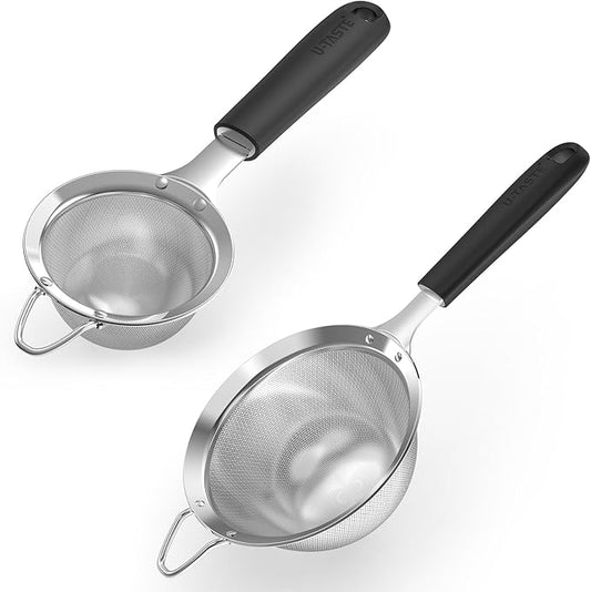 U-Taste Fine Mesh Food Strainer: 18/8 Stainless Steel 30 Mesh Kitchen Sieve with Sturdy Riveted Silicone Handle, Heavy Duty Deep Handheld Metal Colander (Small/3.35in+Medium/4.73, Black)