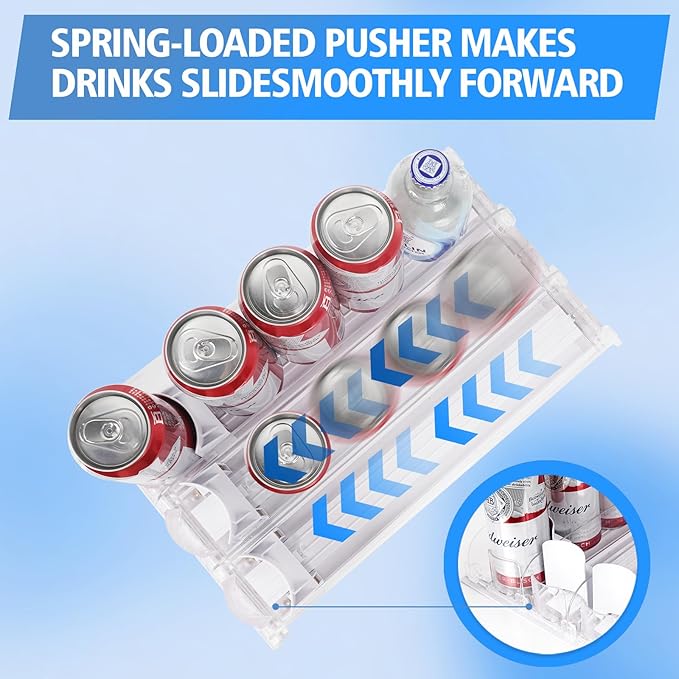 SOLY Drink Organizer for Fridge, Automatic Soda Can Dispenser with Pusher, 5-Row Refrigerator Drink Organizer Holds 25–30 Cans, 14.96" Deep