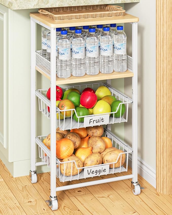 Giwil Vegetable Fruit Basket for Kitchen Pantry Organizers Storage, 4-Tier Utility Rolling Cart on Wheels with Wood Rack and Drawer Wire Baskets for Onions Potatoes Snacks, White