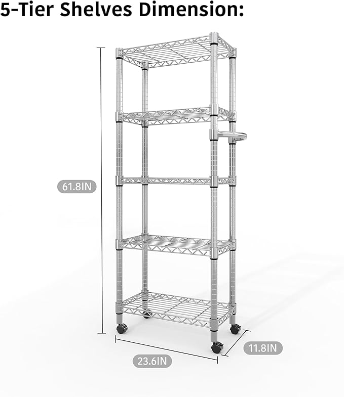 5-Tier Storage Shelves 1100 LBS Heavy Duty Metal Wire Rack Shelving with Lockable Wheels, 61" H Rolling Storage Rack for Pantry Kitchen Garage Bedroom Organization