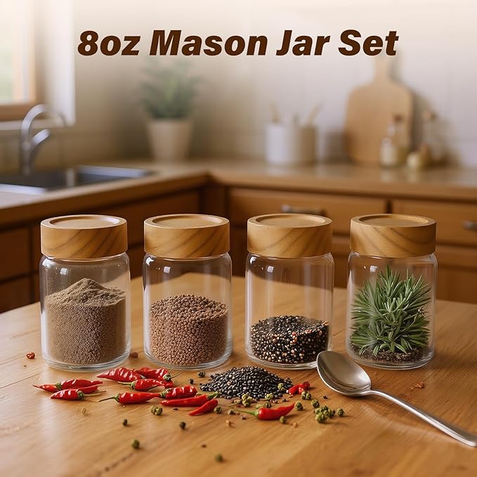 6pc 8oz Glass Mason Jars with Acacia Wood Airtight Lids - Food Storage Container Set, Clear Stackable Leakproof Kitchen Canisters for Meal Prep/Snack Organization/Spice Storage
