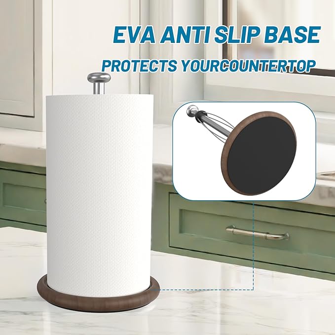 VEHHE Wooden Paper Towel Holder Countertop with Weighted Base, One-Handed Tear Paper Towel Holder Stand with Damping Function and EVA Non-Slip Pad, for Kitchen Bathroom Farmhouse