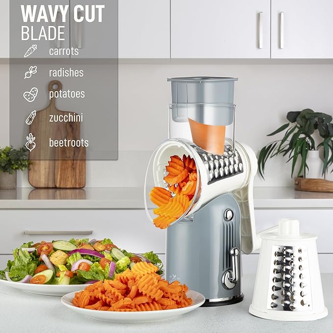 Zulay Kitchen Rotary Cheese Grater 5 Blade Cheese Shredder - Manual Hand Crank Cheese Grater With Reinforced Suction & 5 Interchangeable Drums - Easy to Use, Vegetable Chopper Round Mandoline Slicer