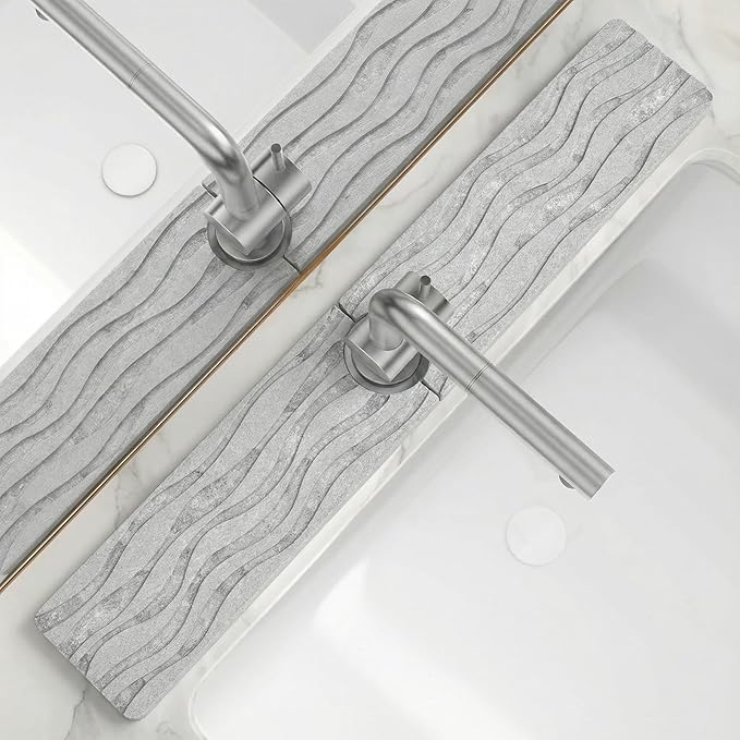 Stone Faucet Mat for Kitchen Sink - Drying Stone with Non-slip Pads, Sink Water Splash Guard for Bathroom Counter, Sink Caddy Holds Soap & Tools, 23.6 × 3.9in, Light Gray, Wavy Motifs