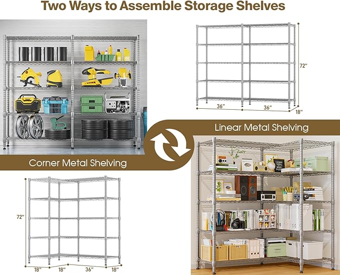 Himimi 5-Tier Wire Rack Shelving-2000LBS Capacity, Adjustable Metal Shelves for Storage, Heavy Duty Storage Shelves for Kitchen, Garage, Pantry, 72" W x 18" D x 72" H, Silver Grey
