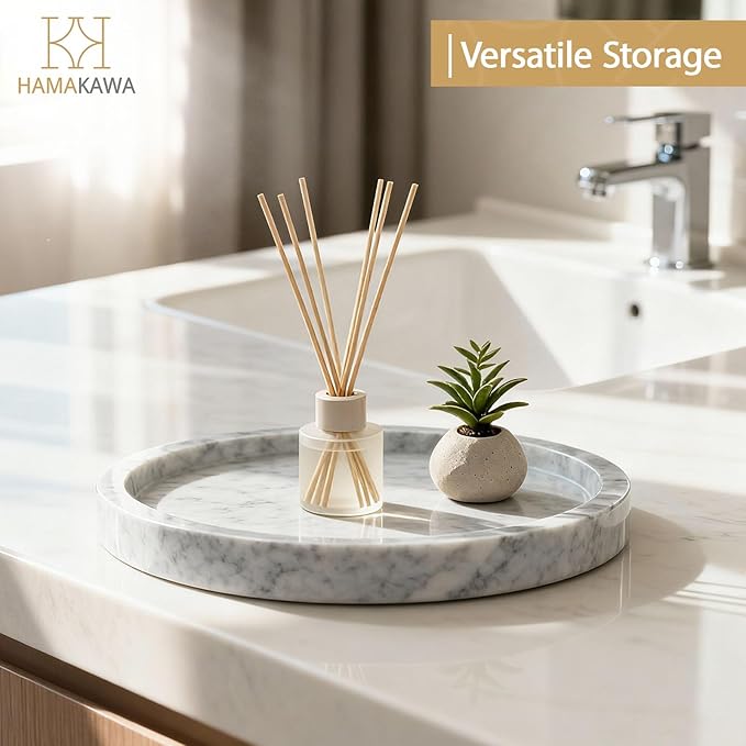 HAMAKAWA Natural Marble Bathroom Vanity Tray, Large Round Sink Tray 9.5 inch, Carrara White Limestone Dresser Tray, Modern Countertop Organizer for Soap Dispenser, Kitchen Counter, Home Decor