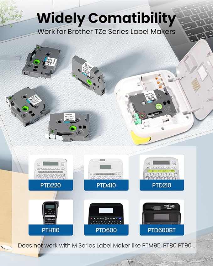 Oozmas Replace for Brother Label Maker Tape PT-D210 PT-D220 PT-D200 PT-H100 Label Tape TZe-231 TZe231 Compatible P Touch 12mm 0.47 Inch Laminated White TZ Tape Refills, 1/2 Inch * 8m, 6-Pack